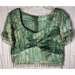 Green Satin Sequin Tassel Beaded Crop Top Fairy Boho Renaissance Festival - M/L